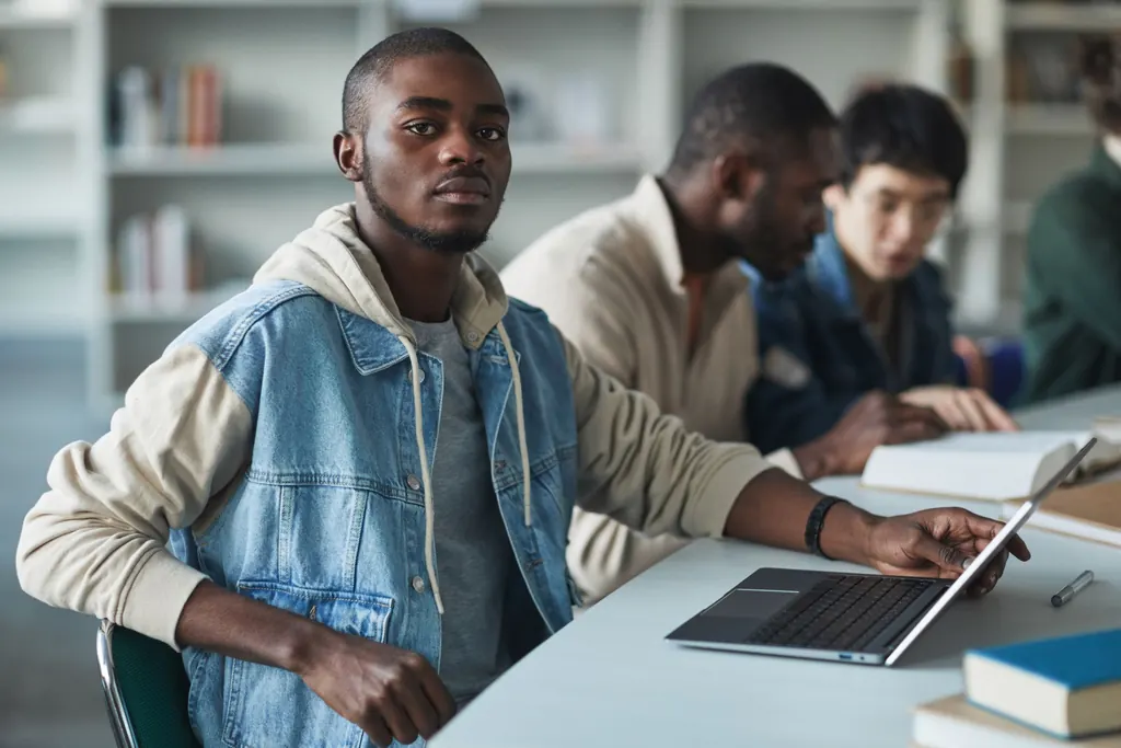 College students at a study table with laptops.