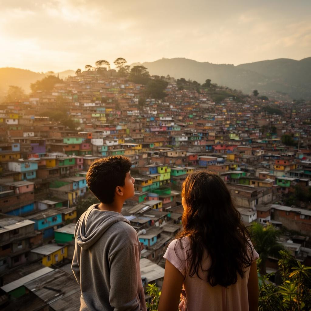 A hillside neighborhood in Cali, Colombia at sunset.